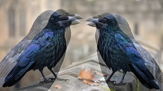 Two Ravens Perched on a Stone Wall with Autumn Foliage.