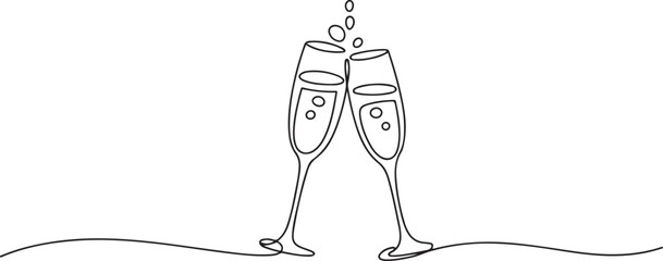  One line drawing of an isolated vector object . Continuous line of drawing two glasses of champagne. one line Icon drawing © firoz