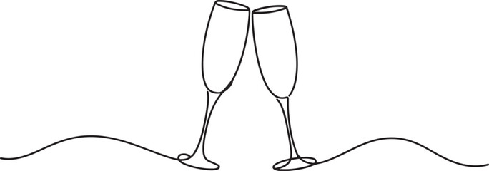  One line drawing of an isolated vector object . Continuous line of drawing two glasses of champagne. one line Icon drawing © firoz