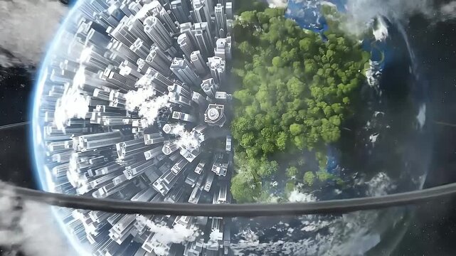 A conceptual 3d render of a planet dramatically contrasts a sprawling grey city with a lush green forest, encircled by a ring.