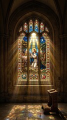 Jesus praying stained glass window with glowing light rays
