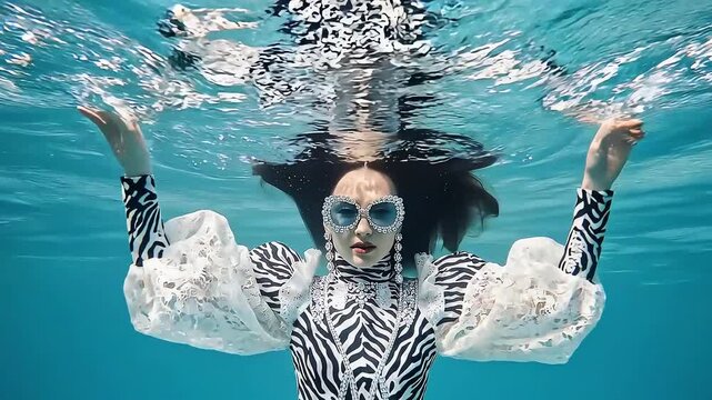 Fashionable woman in zebra print swimsuit, white puffy sleeves, and sunglasses poses underwater, vibrant fashion shot.