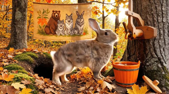 Enchanting Autumn Forest Scene with Rabbit, Maple Syrup Tap, and Bear Wolf Tapestry