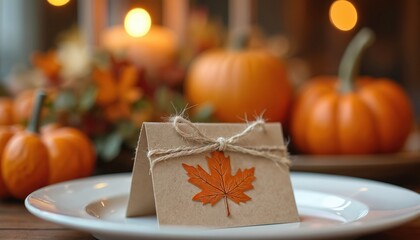 Fototapeta premium Table setting for Thanksgiving dinner features place card with autumn leaf. Pumpkins and candles create cozy warm atmosphere for holiday feast, harvest gathering.