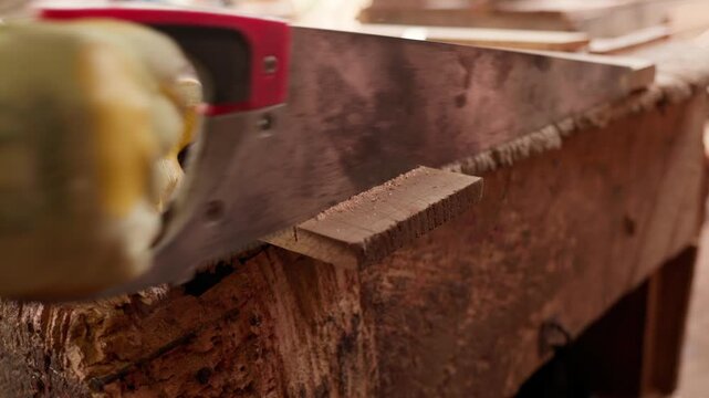 African male carpenter in work gloves saws a wooden plank with a hand saw on a rustic workbench in his workshop