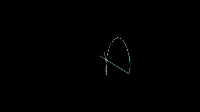  A dynamic 3D animation showing the construction of a geometric spiral. Red and cyan nodes are connected by thin lines, creating a rotating, helical structure that grows and shifts perspective against