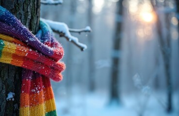 Fototapeta premium Rainbow scarf on snowy tree branch in winter forest. Frost on fabric, cold blue light. Cozy mood, sunbeam highlights soft bokeh. Pride symbol.