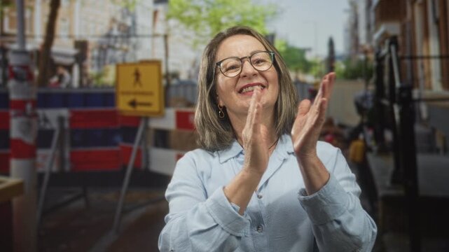 Woman clapping hands on a city street with construction barriers and a pedestrian detour sign; joyful solidarity.