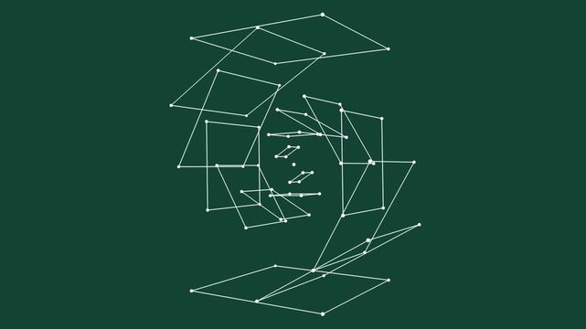  Set against a dark forest-green background, white wireframe outlines of squares and rectangles rotate and nest within one another. The animation creates a 4D tesseract-like effect, distorting and ref