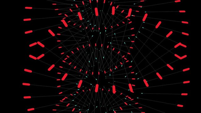  A chaotic and intricate web of red dashes and teal points radiating from central hubs. The camera moves through this "forest" of connections, highlighting the complex, interlocking nature of the radi