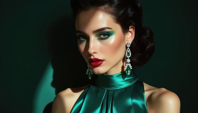 Woman with dark hair poses in teal satin top and emerald earrings. Dramatic green eye makeup and red lips highlight her face. Sophisticated and elegant look for fashion.