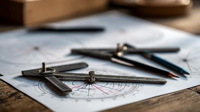 Closeup of geometry tools like compasses and protractors on a workshop table with math activity sheets softly blurred behind them.