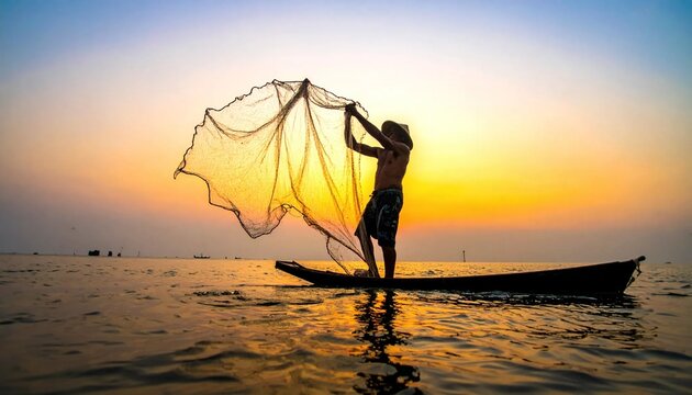 Fisherman casting net at sunrise on tranquil water.