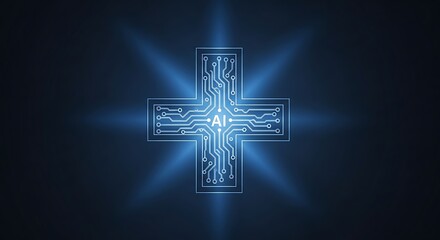 Obraz premium Medical cross shape made of circuit board with artificial intelligence symbol in center glowing blue light
