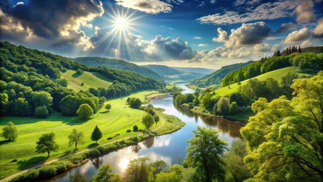 A photo of a tranquil, sunlit valley surrounded by lush green hills, with a sparkling river flowing through the center Majestic trees line both sides