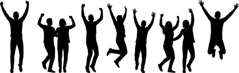 Happy people jumping silhouette set, celebrating friends group isolated on white background, success teamwork celebration illustration collection design concept