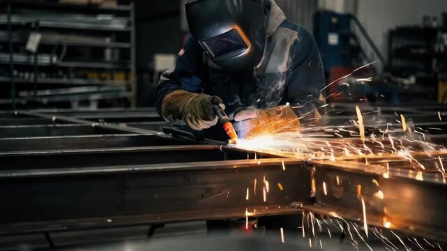 Closeup of welder joining steel frames for stage platforms sparks flying with the welder in crisp focus and a softly blurred workshop environment.