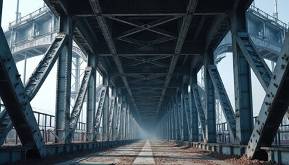 Fototapeta premium Perspective view under large industrial steel bridge. Repeating metal girders form an abstract pattern. Blue toned architecture shows complex engineering and strong construction.