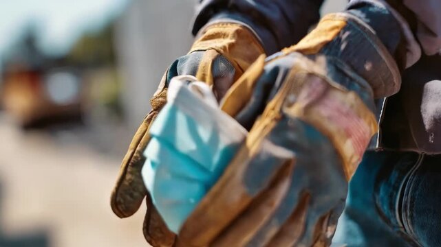 Closeup of protective gloves and dust mask worn by a waste collector sorting garbage outdoors on a sunny day.