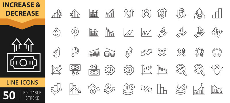 Increase and Decrease Outline Icon Set &ndash; Growth, Fall, Stock Market, Profit, Up and Down Editable Stroke Vector EPS