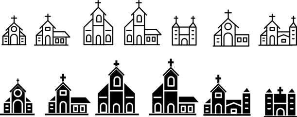 Church Building Line Icon Set &ndash; Christian Church Architecture Outline Icons Editable Stroke Vector EPS