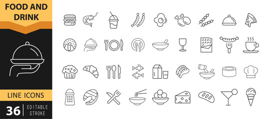 Food and Drink Outline Icon Set &ndash; Restaurant, Beverage, Cooking and Dining Editable Stroke Vector EPS