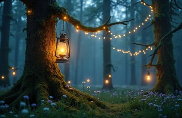 Fototapeta premium Old lantern hangs on mossy tree branch in foggy forest. Fairy lights twinkle around moss covered trees. Small wildflowers grow on forest floor at twilight.