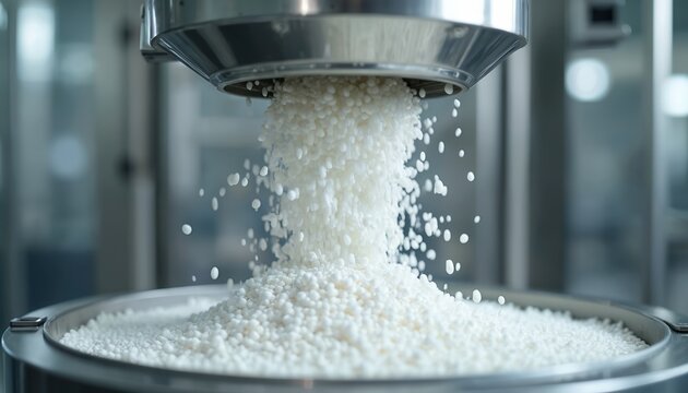Plastic pellets pour into industrial machine. White granules flow into metal hopper. Automated factory process creates polymer material. Close up macro detail on clean production line.