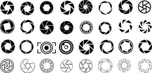 Camera aperture diaphragm blades set icons collection vector © AnishaNoor