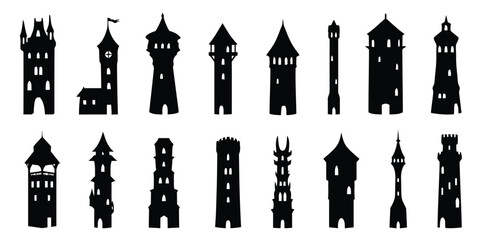 Castle towers silhouettes, medieval fortress structures, fantasy architecture design elements © AnishaNoor
