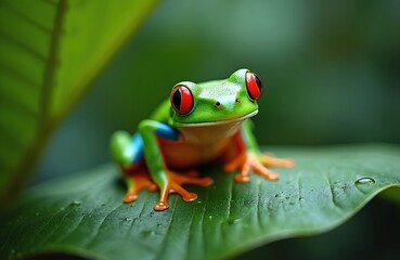 Vibrant green tree frog with striking red eyes rests on a large wet leaf in a lush jungle. Its body shows blue and orange accents. Small amphibian, macro view.