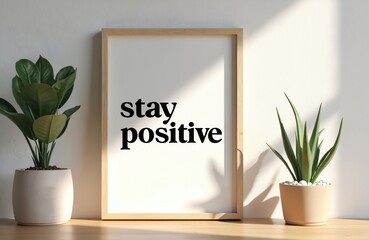 Obraz premium Framed artwork with stay positive text. Two potted plants sit on a wooden surface. Light casts shadows on a neutral wall. Minimalist decor adds warmth and inspiration to space.