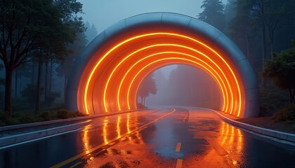 Fototapeta premium Glowing futuristic archway on wet road at night. Trees line forest path leading into bright orange portal. Mystery and sci fi portal for travel and exploration.