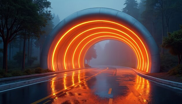 Glowing futuristic archway on wet road at night. Trees line forest path leading into bright orange portal. Mystery and sci fi portal for travel and exploration.