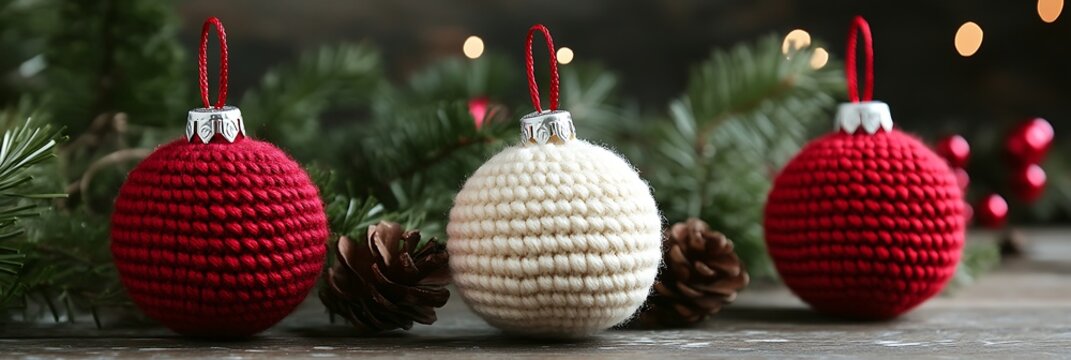 Handmade knitted Christmas ornaments on wooden surface with pine branches