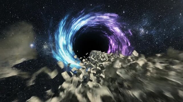 Money being sucked into a cosmic vortex with currency flying through space and disappearing into a black hole slowly