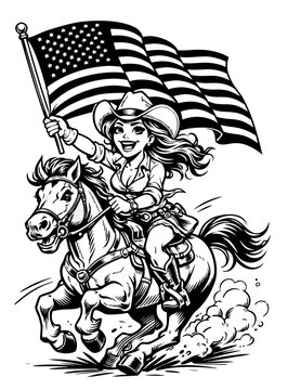 Patriotic cowgirl riding a galloping horse and holding the USA flag. Western cartoon style vector illustration.