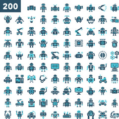 Obraz premium Collection of 200 unique robot icons in vector style for technology and innovation themes