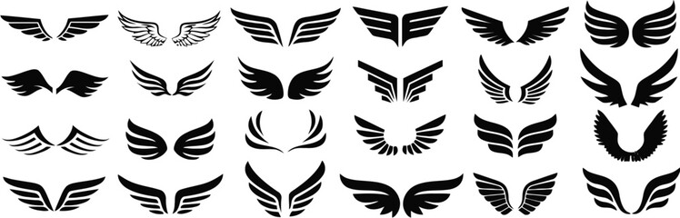 Obraz premium Collection of diverse black silhouette wing illustrations for creative design elements