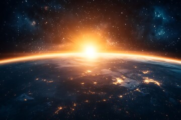 Obraz premium Stunning sunrise over Earth from space with vibrant stars