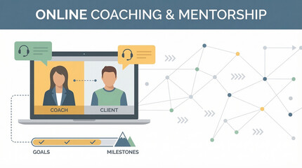 Flat design illustration of an online coaching and mentorship concept with coach client video call and goals, professional tones, ideal for coaching platform or life coach website