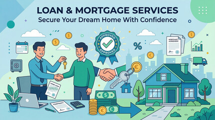 Fototapeta premium Flat design illustration of a loan and mortgage service concept with house money handshake and approval, blue and green, ideal for mortgage broker website or lending platform