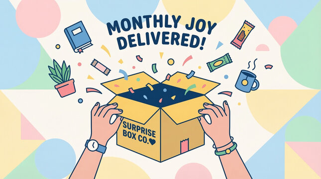 Flat design illustration of a subscription box service with unboxing hands products and excitement, colorful and fun, ideal for subscription brand website or gift box company
