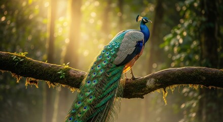 Obraz premium Peacock perched on tree branch in forest.