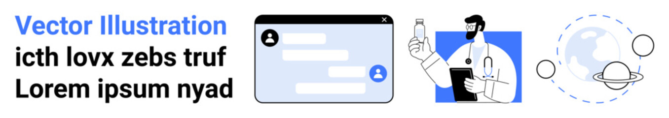 Digital communication, healthcare, global connection, technology services, virtual consultation, science . Chat interface, doctor illustration and planetary orbit graphic. Digital communication © robu_s