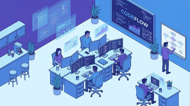 Isometric illustration of a tech startup office with developers computers and code on screens, blue and purple, perfect for software company website or developer blog