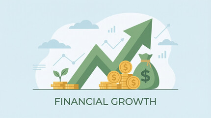 Flat design illustration of financial growth concept with coins money bag and upward arrow, gold and green tones, perfect for banking website finance blog or investment app