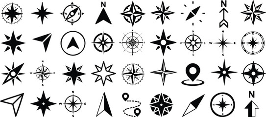 Directional and compass symbols, navigation map icons for travel and guidance © Baizid