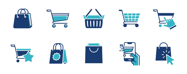 E-commerce shopping cart and bag icons in blue and teal flat style © Baizidmia