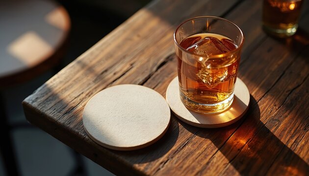 Glass of amber liquid with ice sits on coaster on weathered wooden table. Another coaster rests nearby. Sunlight casts shadows across surface. Setting appears to bar cafe atmosphere, evoking sense of